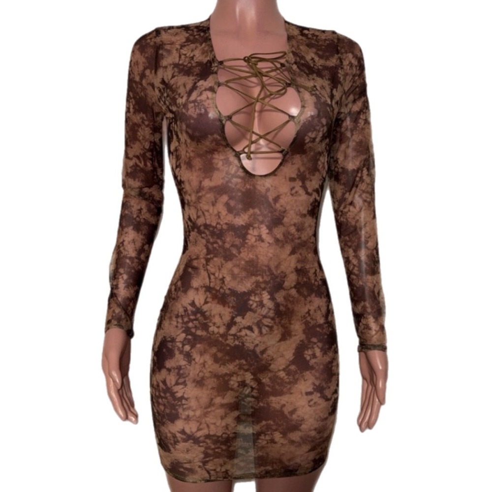 Biege & Mocha Abstract Mesh Lace-Up Neck Long Sleeve Mini Dress Semi-sheer Tunic